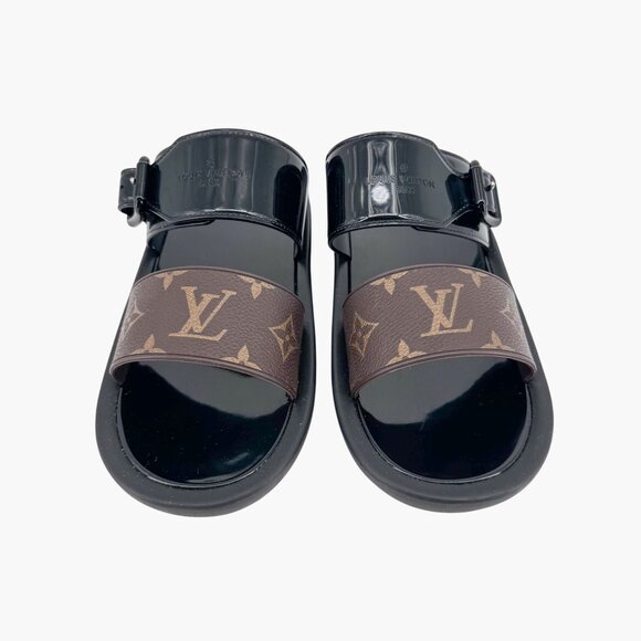 Louis Vuitton Sunbath Mule Slide Sandals Black Rubber Size 38 US 8 Women LV Logo - Picture 3 of 15
